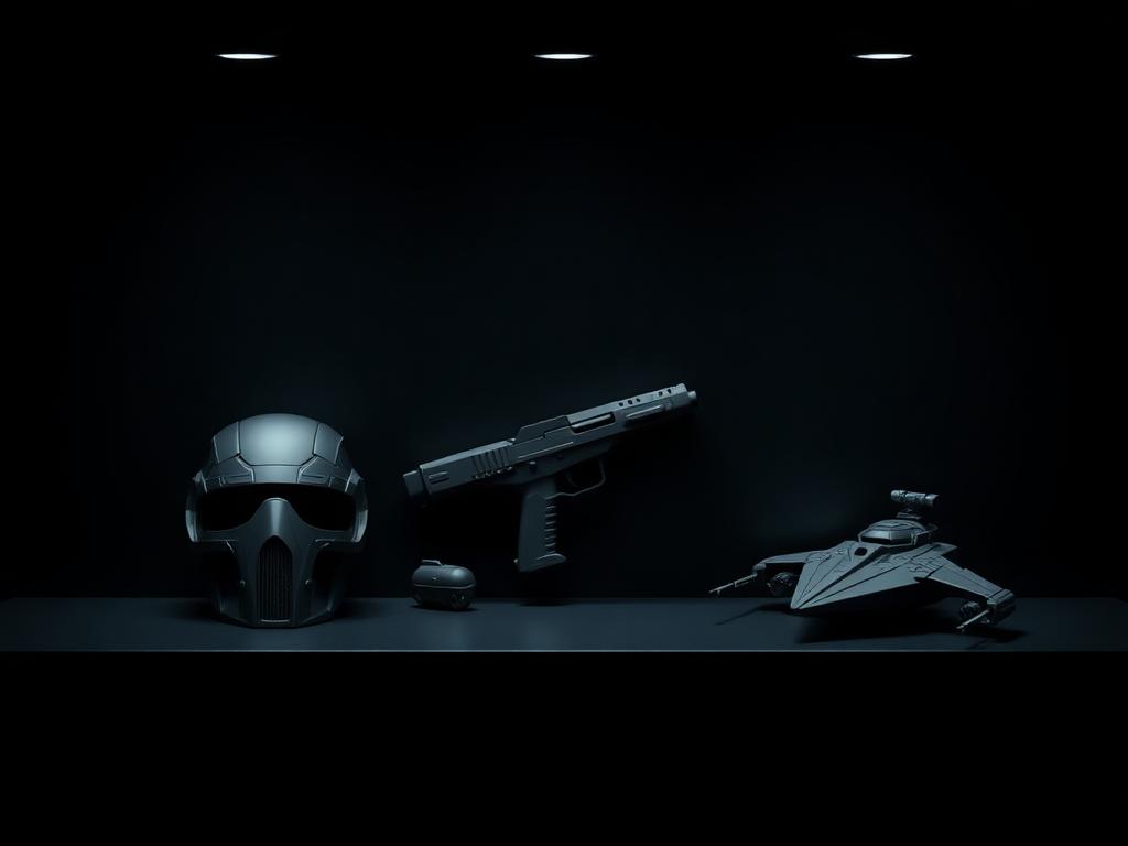 3D-printed gaming and movie props on a black shelf